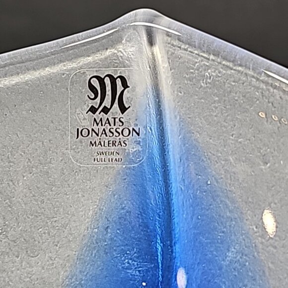 Mats Jonasson Hand Blown Glass Cobalt Blue White Dish Bowl Signed Nautical Ship - Picture 3 of 15